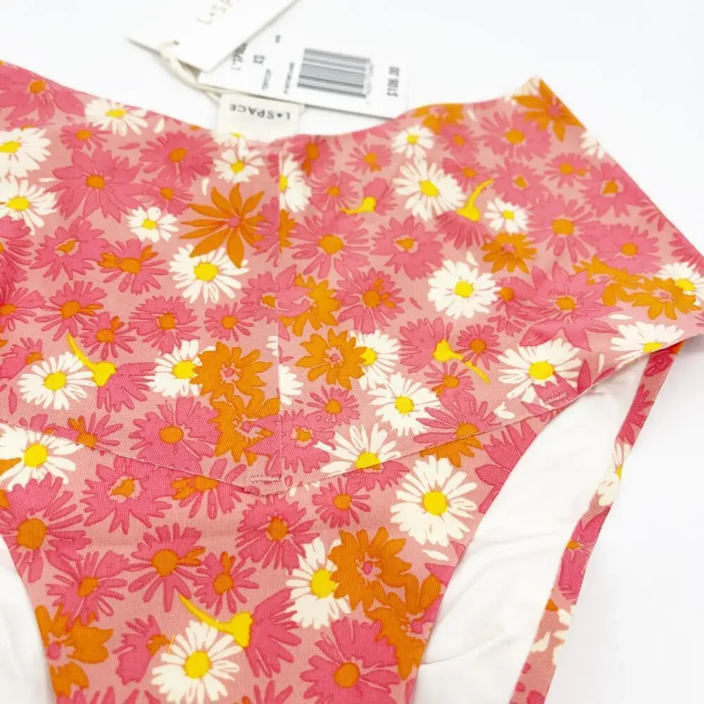 L*Space Fused Ry Bikini Bottoms Size XS Daisy Printed High Waist Pink Orange NEW